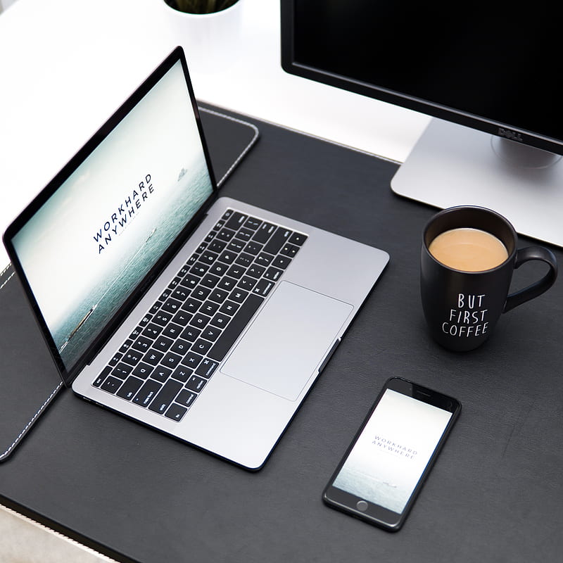 laptop, coffee mug, and iPhone on desk, HD phone wallpaper