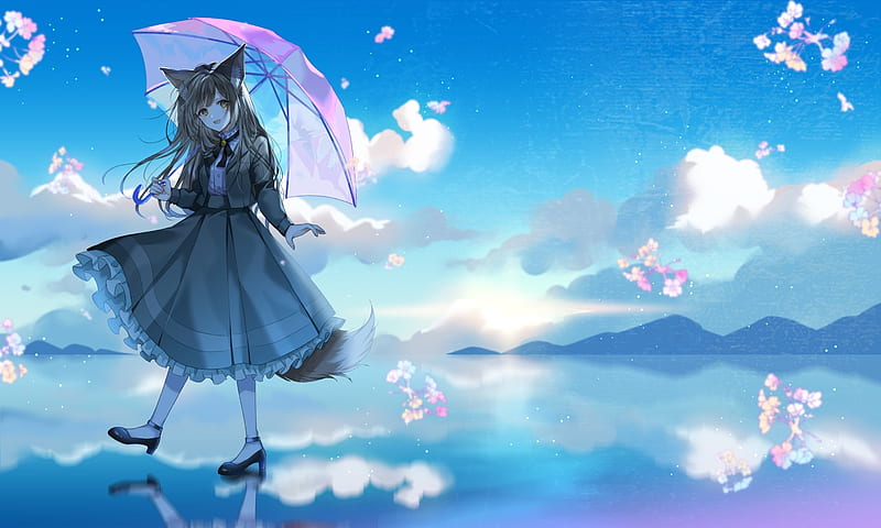 anime fox girl, scenery, umbrella, animal ears, tail, clouds, dress, Anime, HD wallpaper