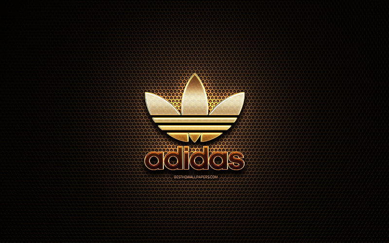 Adidas glitter logo, sports brands, metal grid background, Adidas 3D logo, brands, Adidas, HD wallpaper