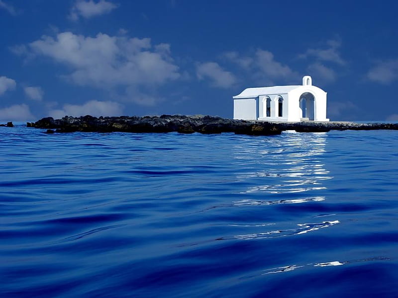 Beautiful blue, greece, island, white, church, sky, sea, HD wallpaper