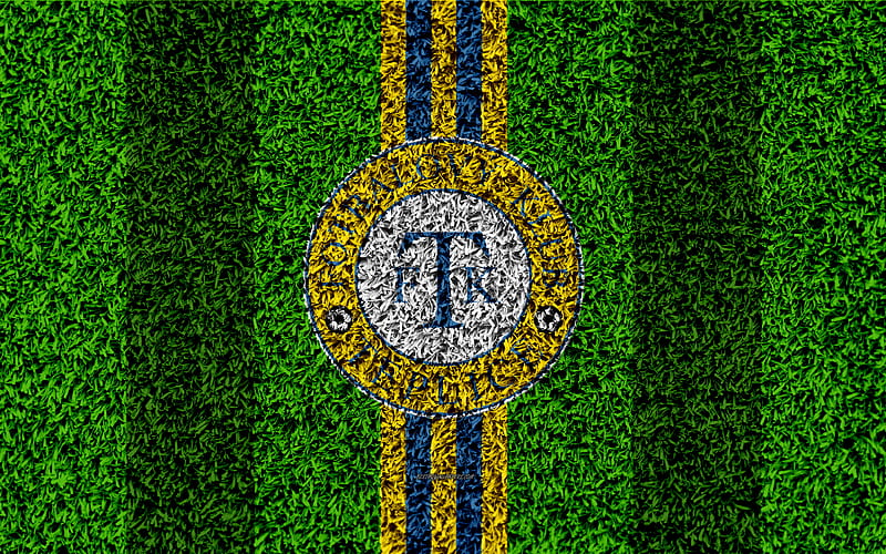 Teplice FC logo, football lawn, yellow blue lines, Czech football club, grass texture, 1 Liga, Teplice, Czech Republic, Czech First League, football, FK Teplice, HD wallpaper
