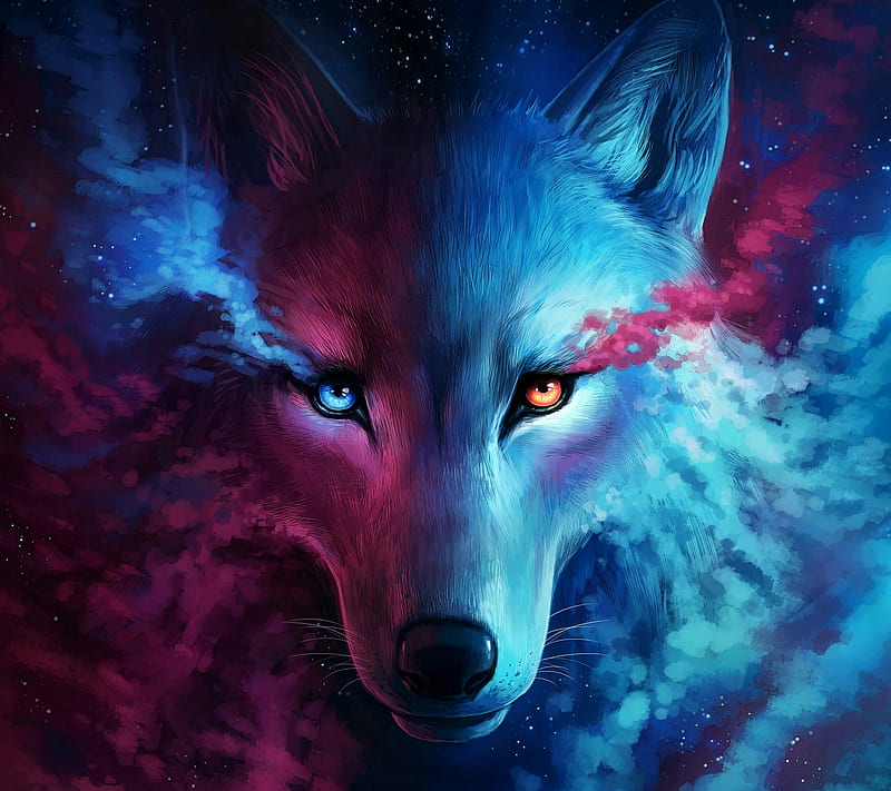 Wolf, blue, clouds, colorful, g6, galaxy, pink, s7, s8, HD wallpaper