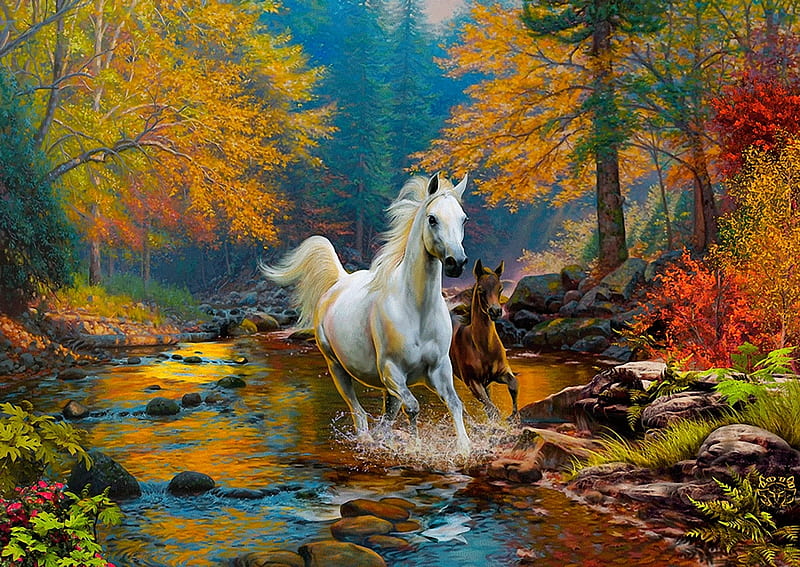 Through the Creek, water, creek, autumn, horses, running, HD wallpaper