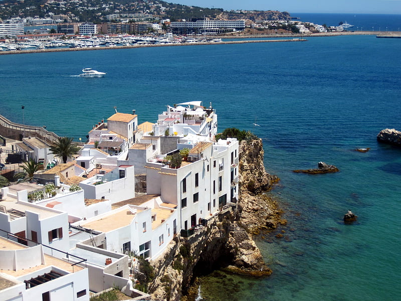 Ibiza Old Town, Dalt Vila, mountain, architecture, city, graphy, harbour, view, houses, ocean, HD wallpaper