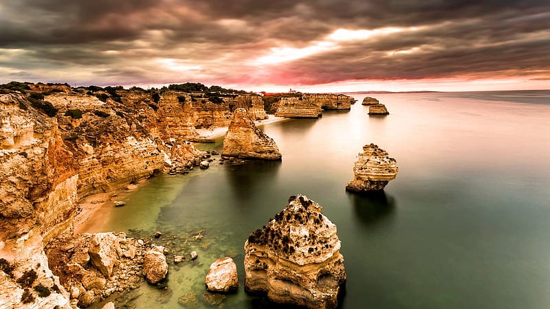 Coast of the Algarve, Portugal, rocks, sunset, landscape, clouds, sky, atlantic, ocean, HD wallpaper