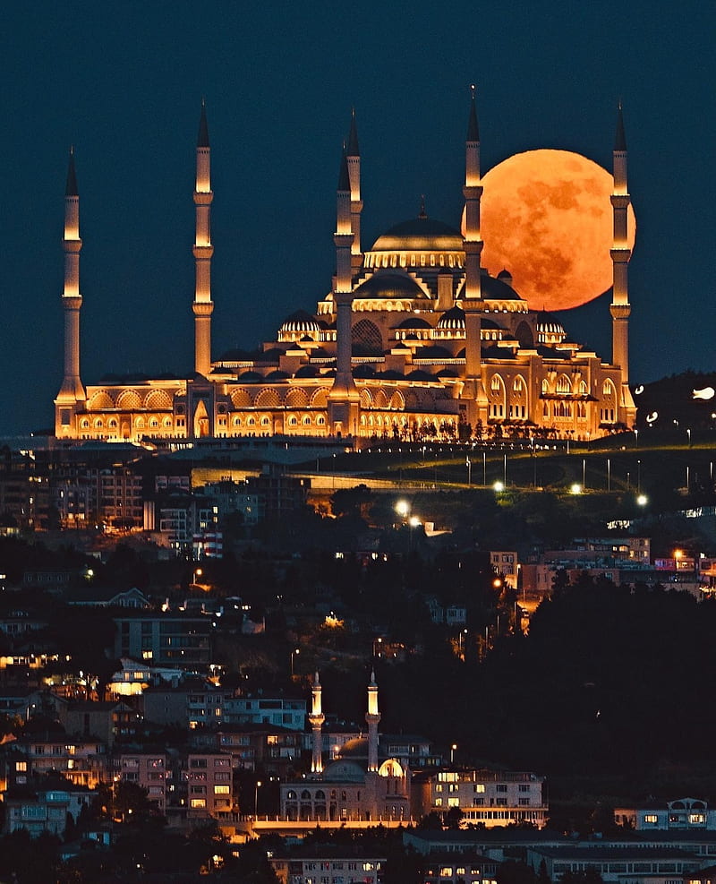 Supermoon, super, dark, moon, mosque, blue, istanbul, HD phone wallpaper