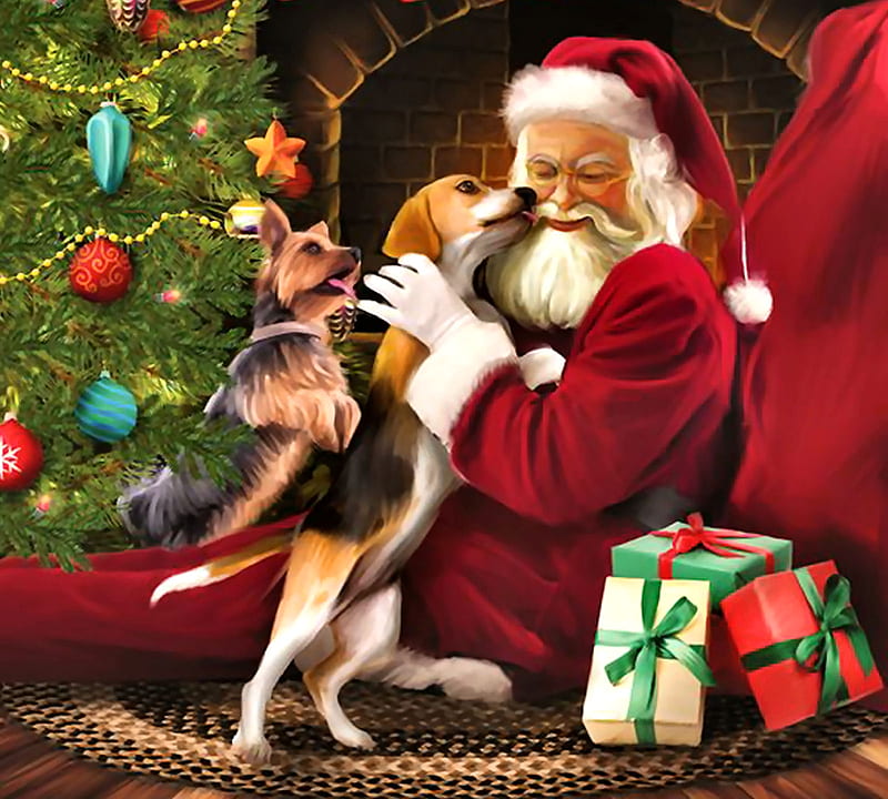 Santa's Kisses F, Christmas, art, holiday, December, bonito, pets, Santa, illustration, artwork, canine, painting, wide screen, presents, occasion, scenery, dogs, HD wallpaper