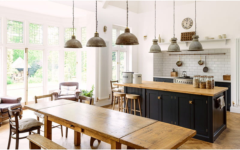 modern kitchen interior design, natural wood countertops, white walls, white kitchen design, modern stylish interior, HD wallpaper