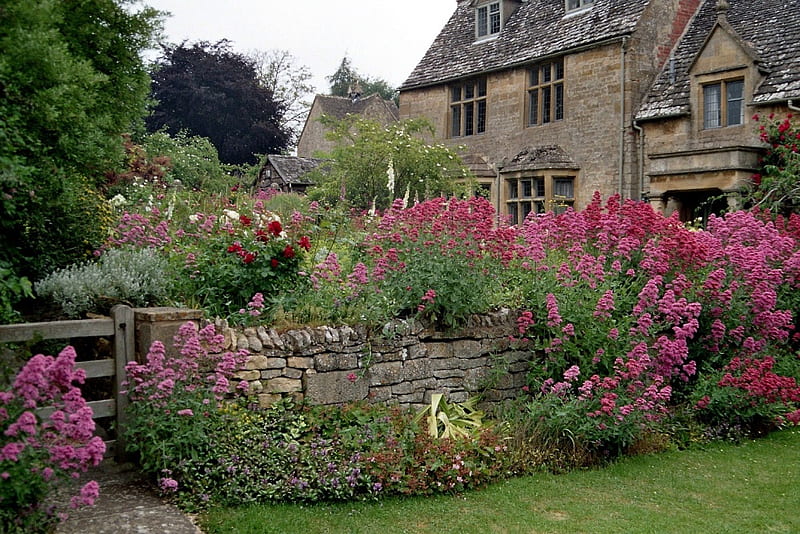 English Garden, flowers, house, trees, grass, HD wallpaper