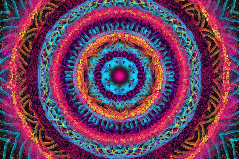 Mandala, pink, blue, and orange, Mandala, colorful, psicodelia, orange, pink, blue, HD wallpaper