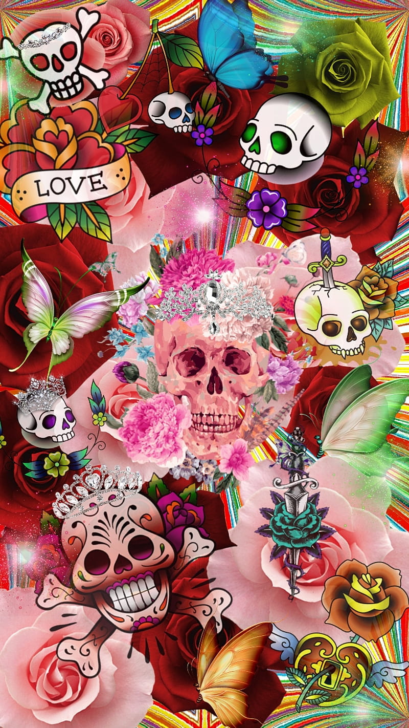 Dead Queens, sugar, skull, colorful, flowers, roses, love, HD phone wallpaper