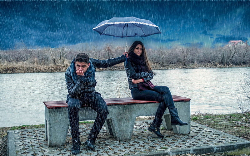 Couple With Umbrella, rain, Man, Umbrella, Funny, Woman, Bench, Outside, People, HD wallpaper
