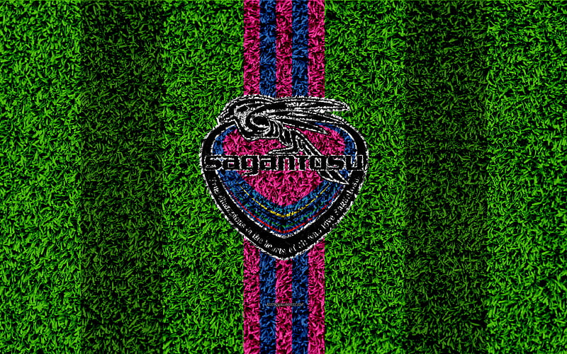 Sagan Tosu FC logo, football lawn, japanese football club, pink blue lines, grass texture, J1 League, Nagoya, Tosu, football, J-League, HD wallpaper