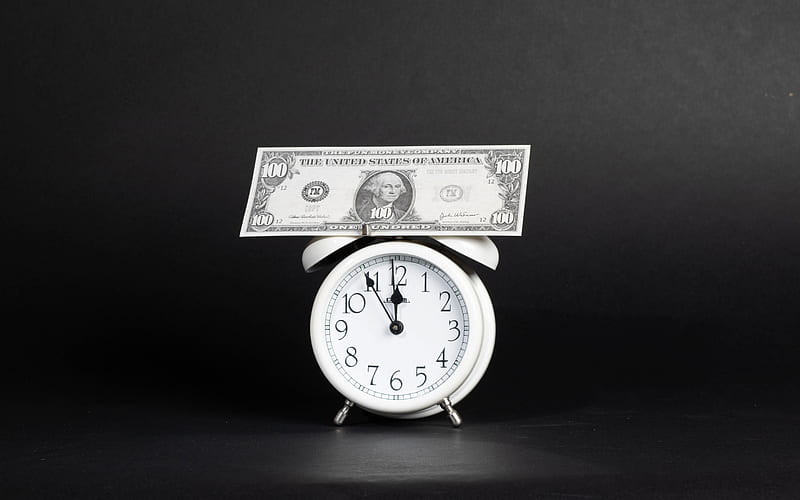 white alarm clock, time is money, dollars on the clock, finance concepts, money concepts, HD wallpaper