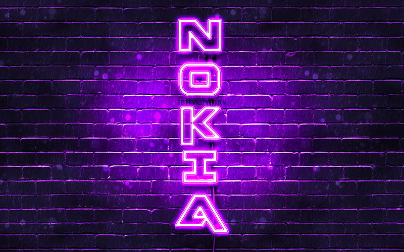 Nokia violet logo, vertical text, violet brickwall, Nokia neon logo, creative, Nokia logo, artwork, Nokia, HD wallpaper
