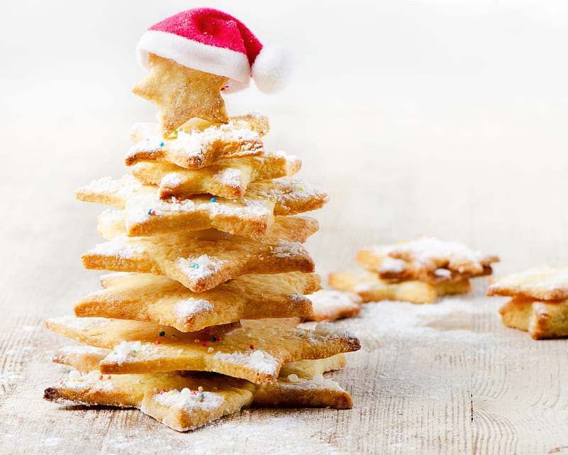 Christmas Tree Biscuit, HAT, DELICIOUS, SWEET, STARS, COOKIES, CHRISTMAS TREE, RED, HD wallpaper