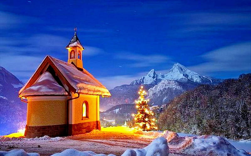 ★Xmas Holy Winter★, glow, holidays, digital art, xmas and new year, greetings, paintings, landscapes, scenery, drawings, lighting, christmas, love four seasons, church, blessings, winter, xmas tree, snow, mountains, HD wallpaper