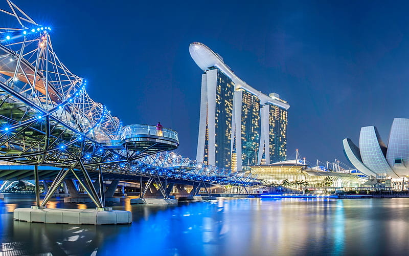 Singapore, Marina Bay Sands, Helix Bridge, city lights, bay, night, HD wallpaper