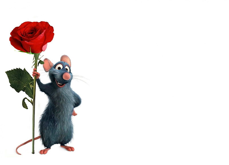 Happy Valentine's Day!, red, rose, valentine, card, mouse, rat, white, disney, ratatouille, HD wallpaper
