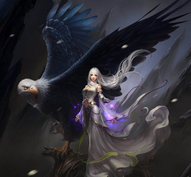 Her Protector, protector, look, fantasy, wings, sorceress, eagle, HD wallpaper