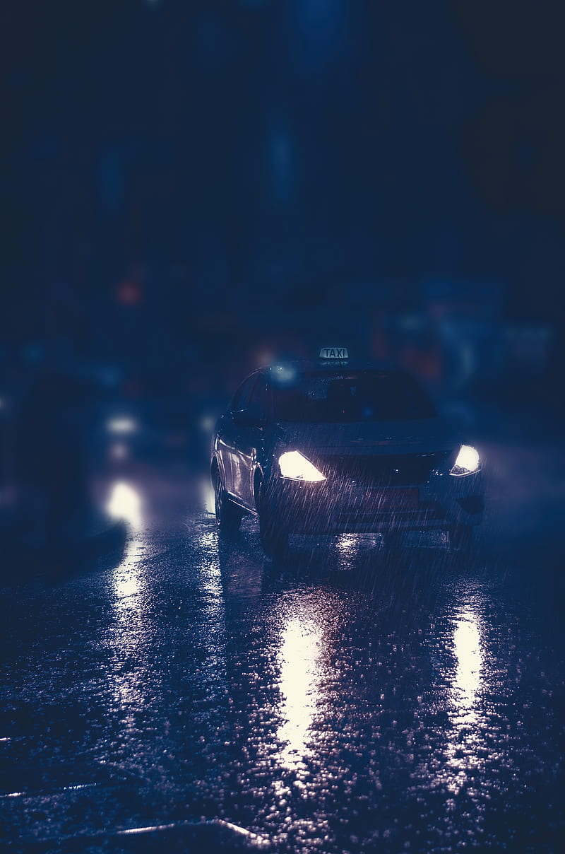 taxi, car, night, rain, lights, street, HD phone wallpaper