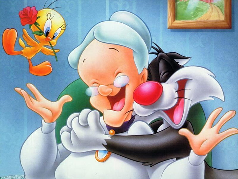 Granny, Sylvester and Tweety, sylvester, bugs bunny, granny, cartoon, tv, tweety pie, HD wallpaper