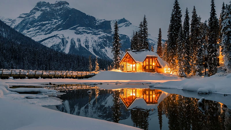 Emerald Lake Lodge, lakes, nature, winter, architecture, snow, reflection, HD wallpaper