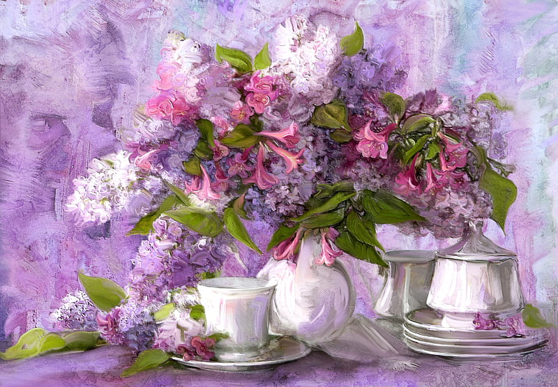Still life, cup, flower, white, pink, lilac, art, green, purple, painting, pictura, HD wallpaper