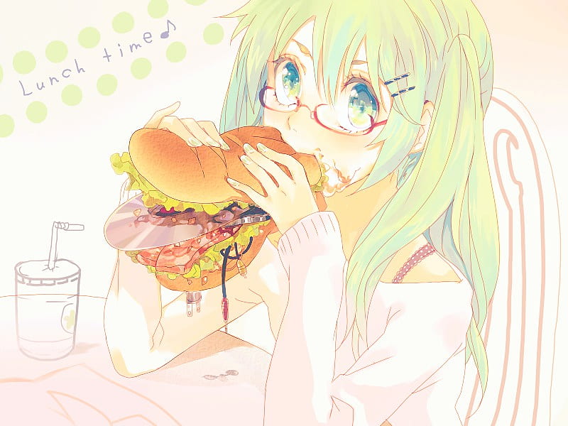♪ Lunch Time! ♪, glasses, miku, straw, wires, sandwich, hatsune, plugs, lunch, green, drink, eyes, long hair, sub, pink, cd, blue, HD wallpaper