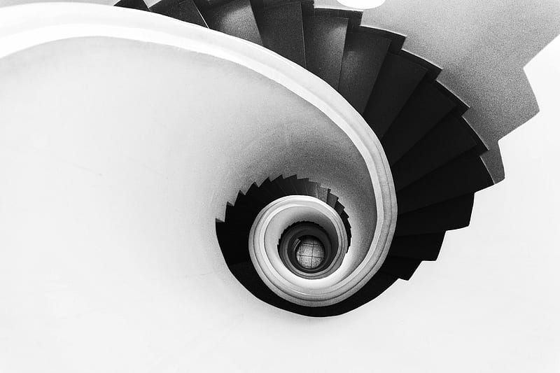 spiral, stairs, bw, minimalism, HD wallpaper