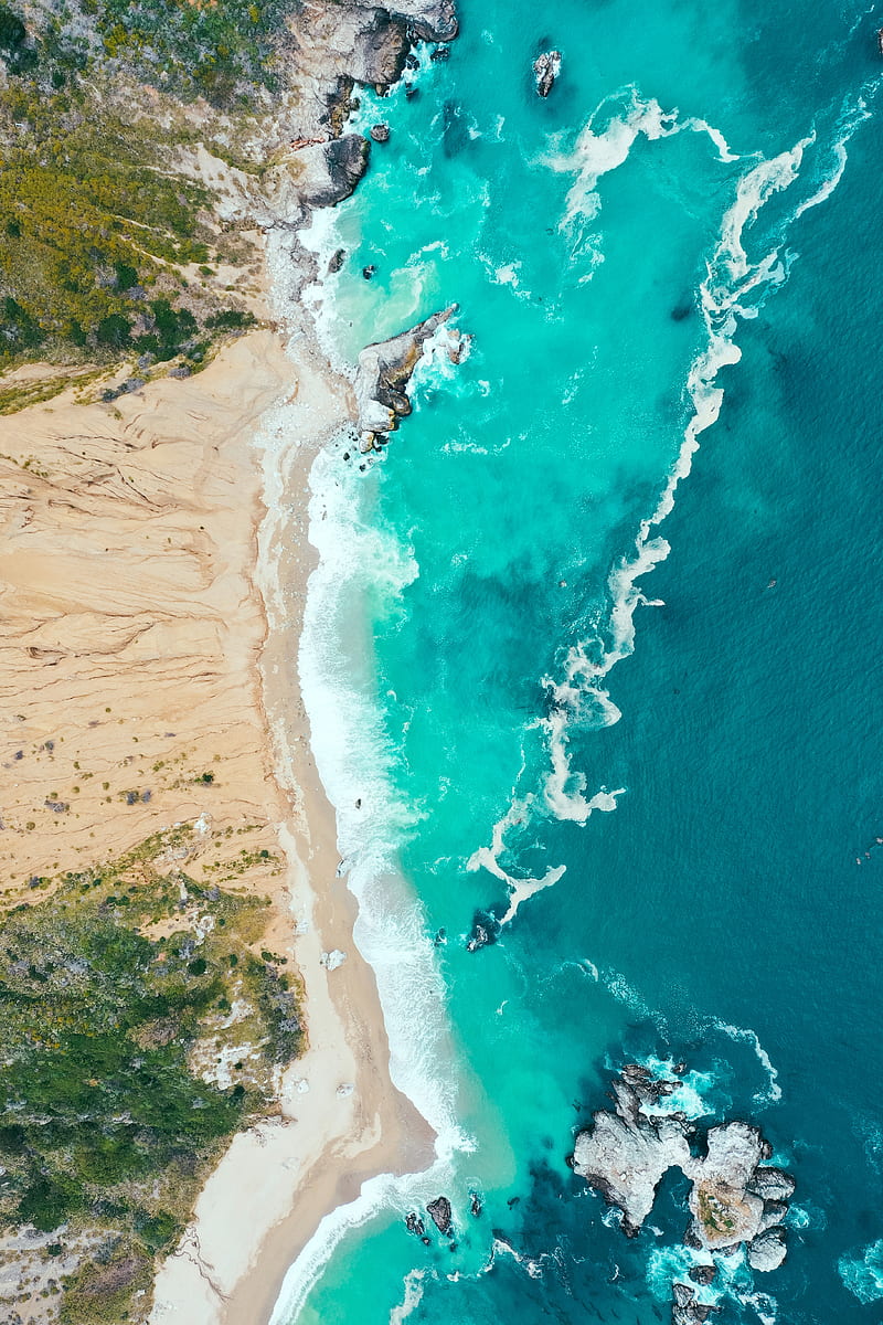 sea, coast, aerial view, beach, sand, waves, HD phone wallpaper