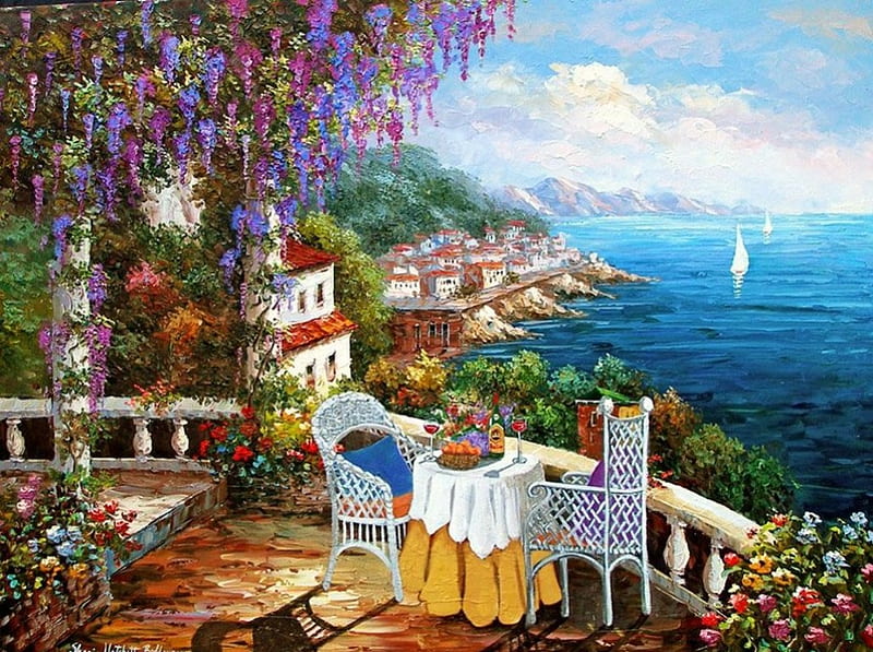 Breathtaking View, veranda, table, painting, chairs, flowers, coastline, artwork, sea, HD wallpaper