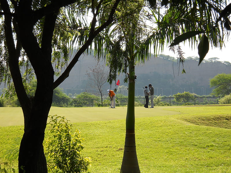 12th Par5, hill, trees, green, golfers, HD wallpaper