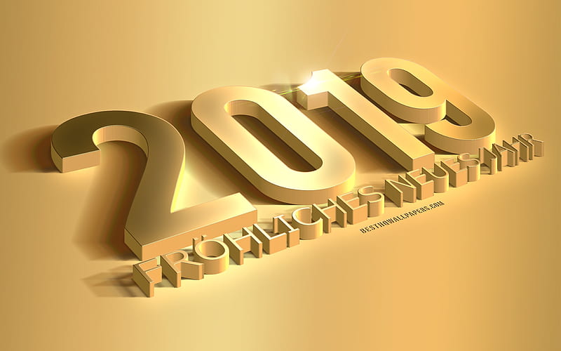 Frohliches Neues Jahr 2019, Happy New Year in German, 2019 golden background, creative 2019 3d art, 2019 logo, Happy New Year, metal golden texture, 2019 concepts, 2019 year, HD wallpaper