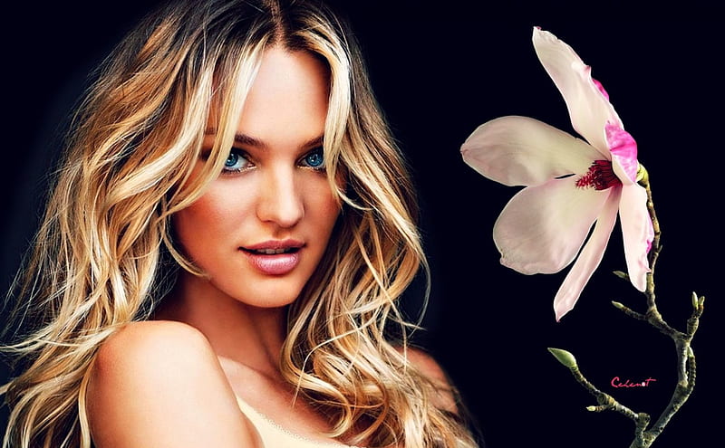 Candice Swanepoel, magnolia, model, black, blonde, spring, woman, girl, flower, white, pink, HD wallpaper