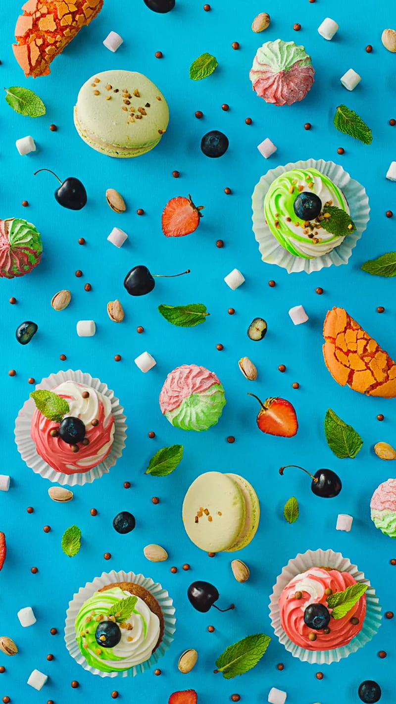 Cakes, blue, candy, colors, fruits, leaves, HD phone wallpaper