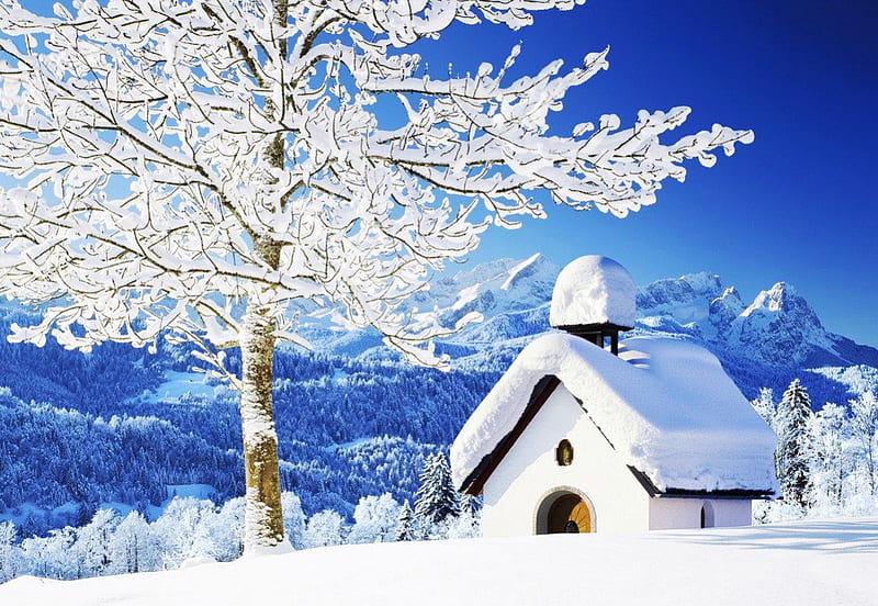 Little Chappel, tree, snow, mountains, ice, landscape, HD wallpaper