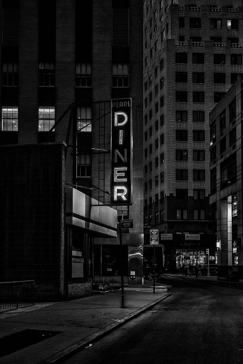 grayscale of Pearl Diner sign in city, HD phone wallpaper