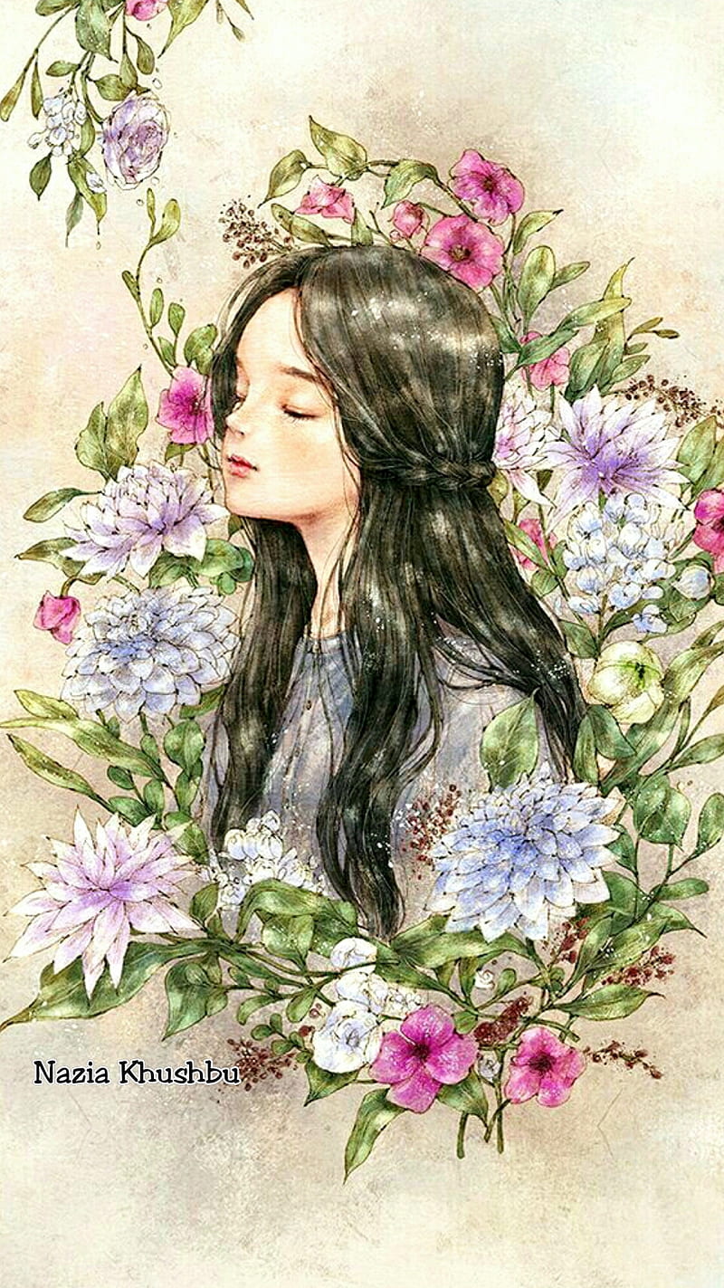 Flower girl, beuty, cutr, drawing, girl, HD phone wallpaper