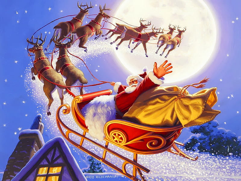 Santa's ride, sleigh, pretty, roof, christmas, holiday, winter, santa, snow, ride, moonlight, village, presents, reindeers, HD wallpaper