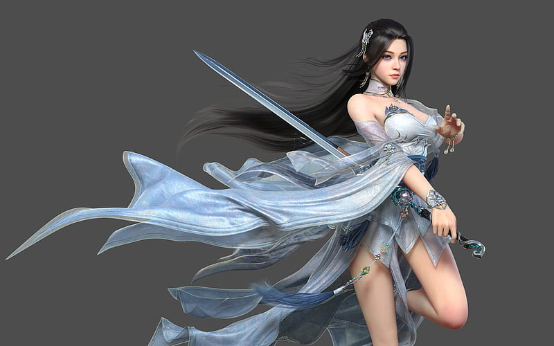 Fantasy girl, sword, blue, jianan chen, fantasy, girl, asian, HD wallpaper