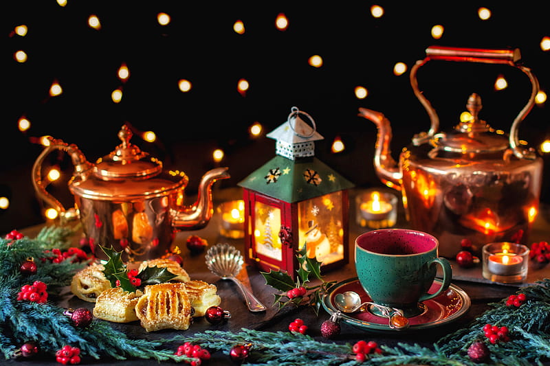 Christmas arrangement, still life, holiday, christmas, lantern, coffee, bonito, tea, winter, HD wallpaper
