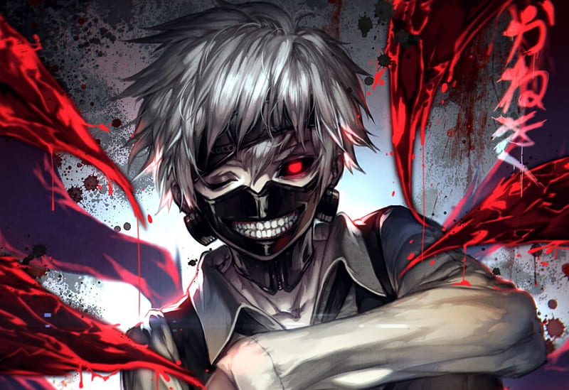 4K, Kaneki Ken, white hair, red, anime, fan art, mask, Tokyo Ghoul, HD  Wallpaper