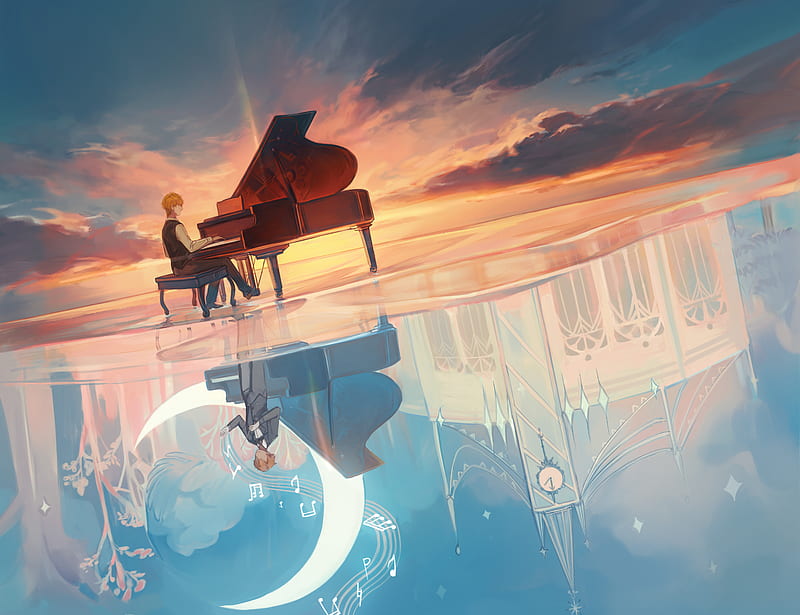anime boy, blonde, piano, sunset, reflection, water, instrument, scenic, Anime, HD wallpaper