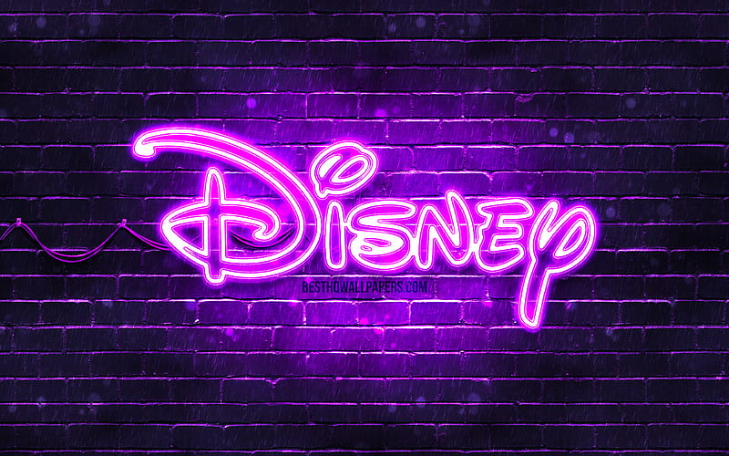 Disney violet logo violet brickwall, Disney logo, artwork, Disney neon logo, Disney, HD wallpaper