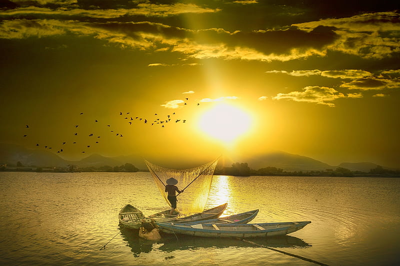 The Sun, Boat, Fishermen, Light, Clouds, Fishing, HD wallpaper