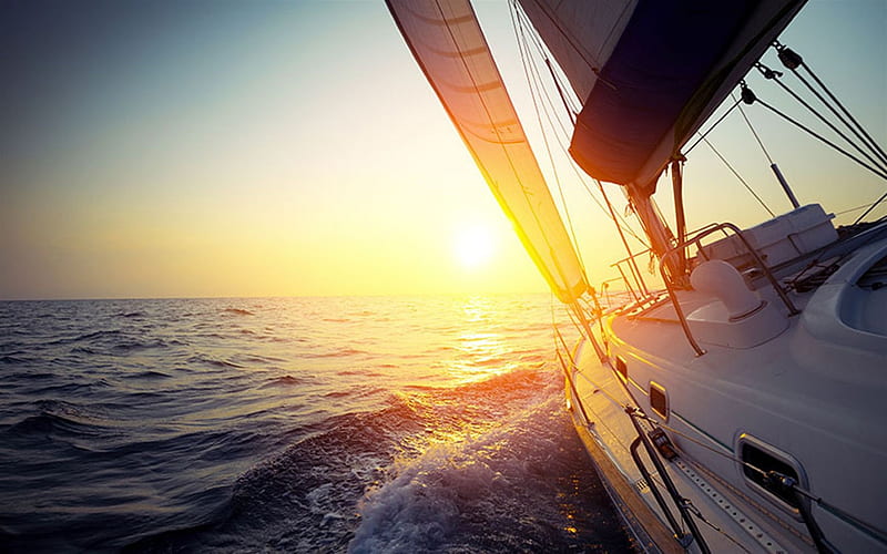 seascape, sailboat, luxury yacht, morning, sunrise, white sails, HD wallpaper