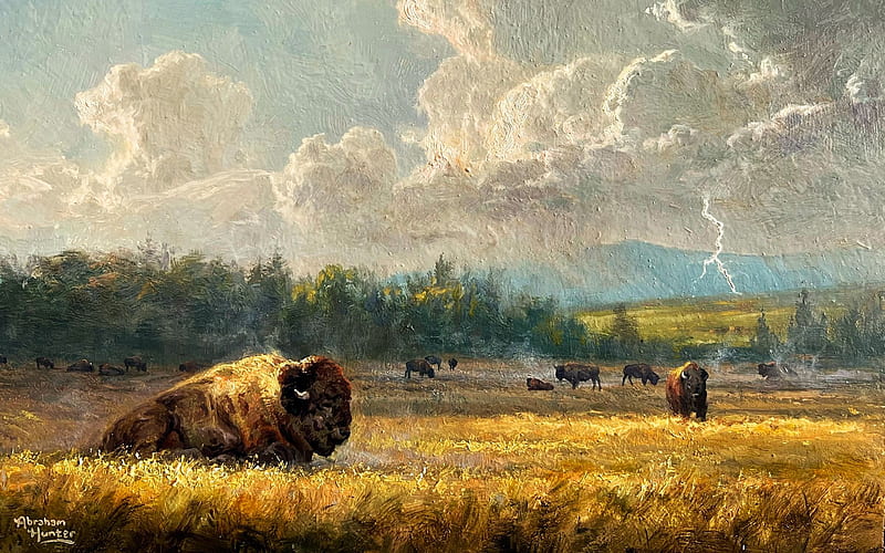 Storm Brewing, buffaloes, lightning, artwork, painting, fields, clouds, HD wallpaper