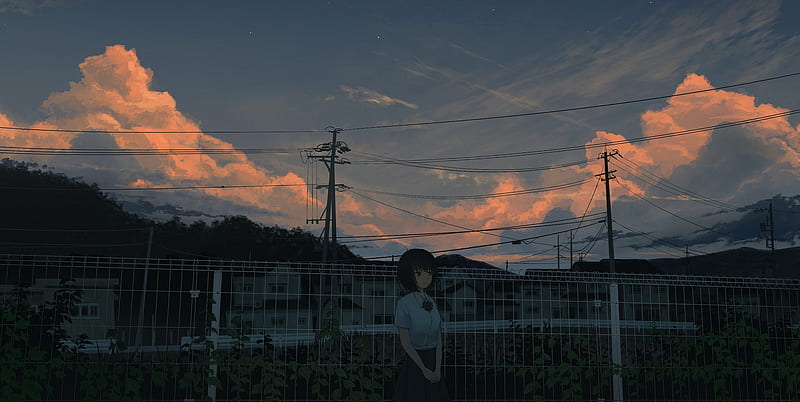 Anime, Original, Black Hair, Cloud, Evening, Girl, Short Hair, Sky, HD wallpaper