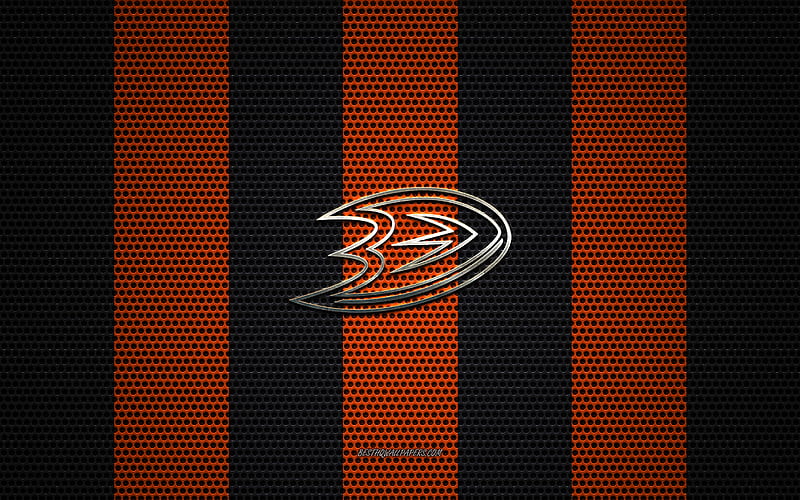 Anaheim Ducks logo, American hockey club, metal emblem, orange black metal mesh background, Anaheim Ducks, NHL, Anaheim, California, USA, hockey, HD wallpaper